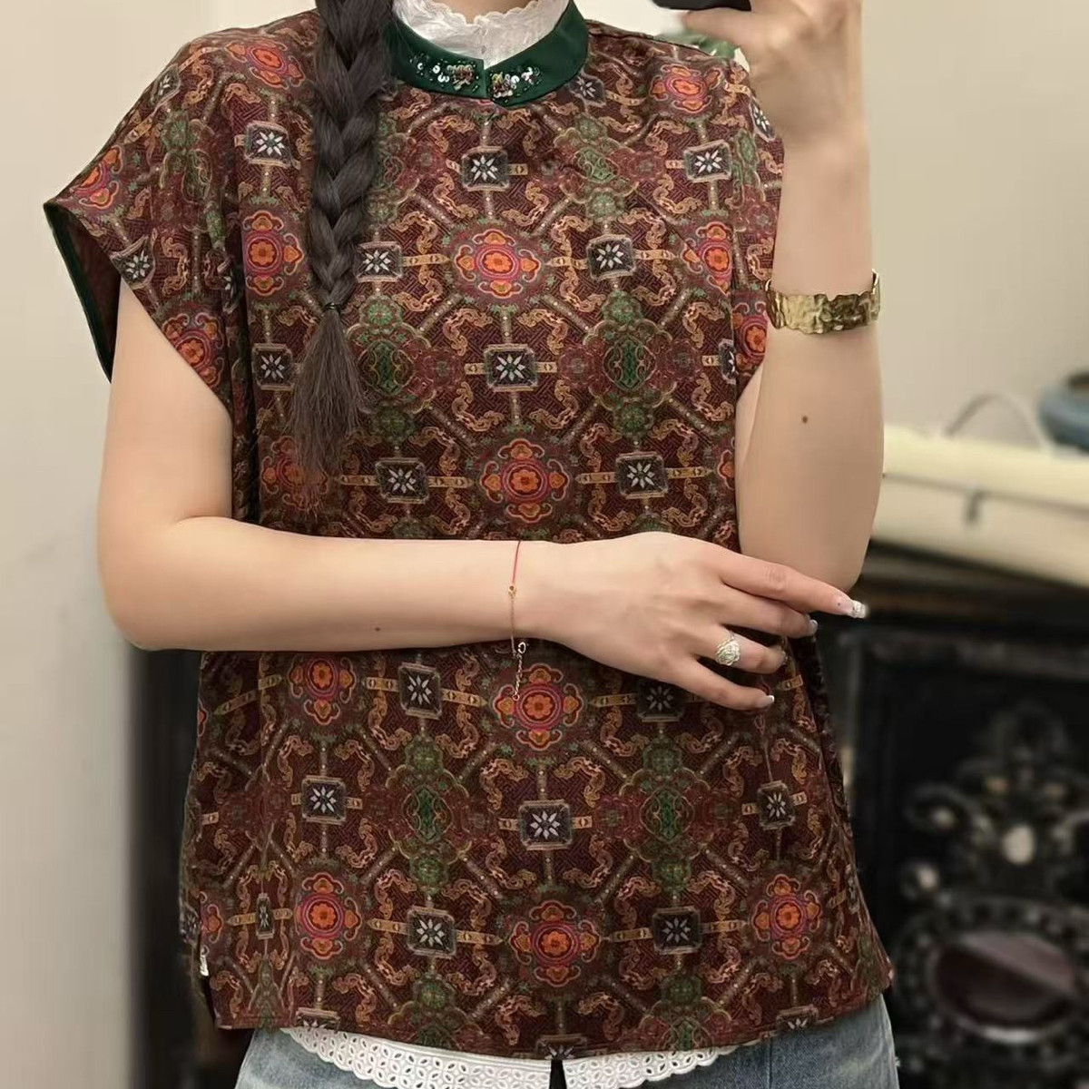 玥儿极简大牌老钱新中式精致立体手工钉珠小立领斜YS1-t1388