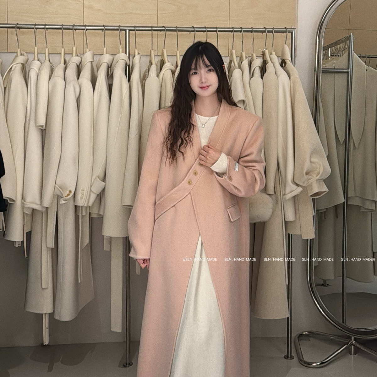 玥儿品质韩系无领斜扣长款羊毛外套（含85羊毛）(售完不补)CT-L33