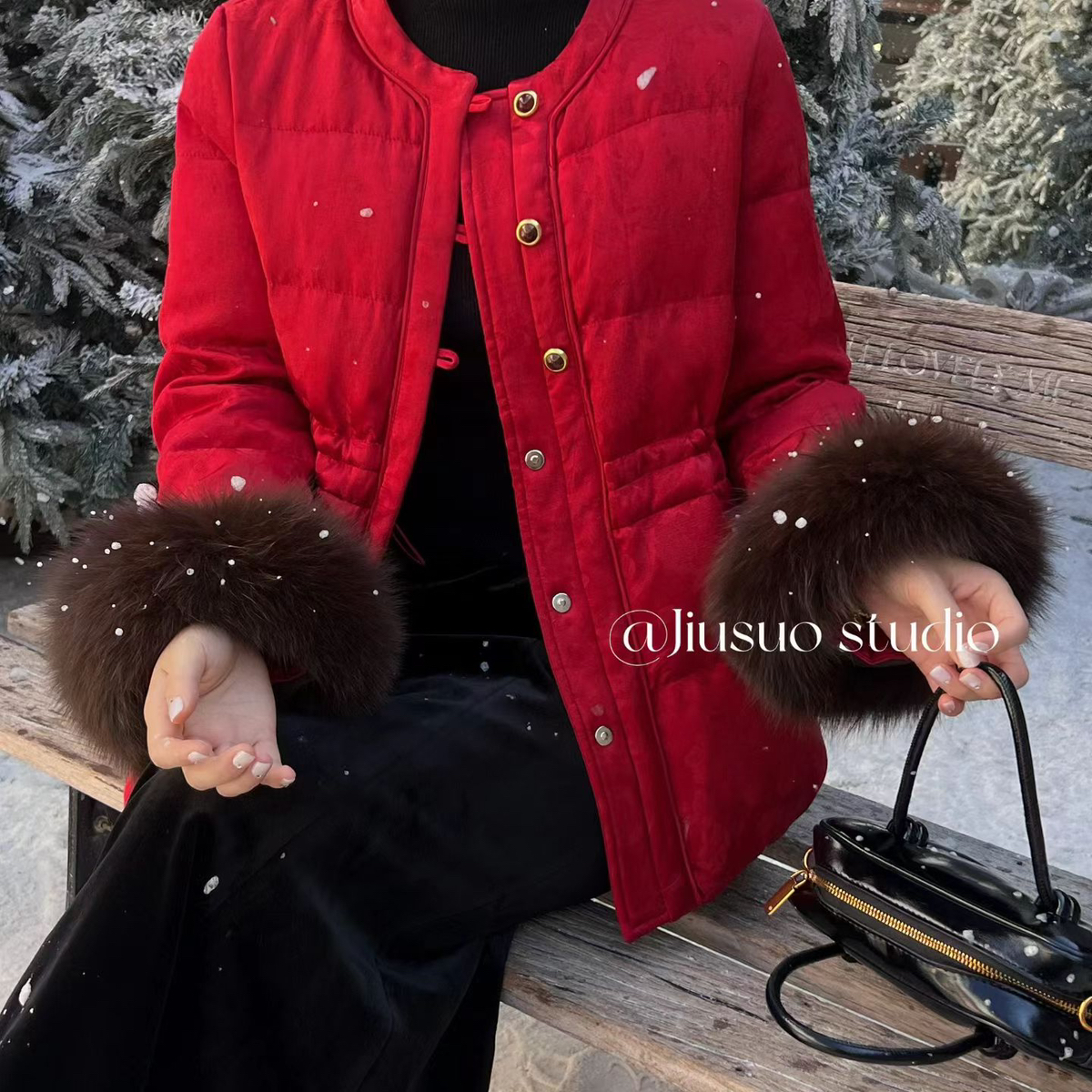 玥儿中式收腰中长款保暖羽绒服外套(配真狐狸毛袖可拆卸)JS-0316