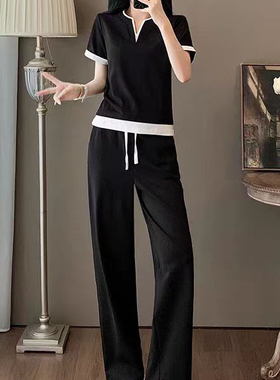 玥儿小众好看假两件V领撞色短袖T恤+休闲阔腿裤两件套装A9998