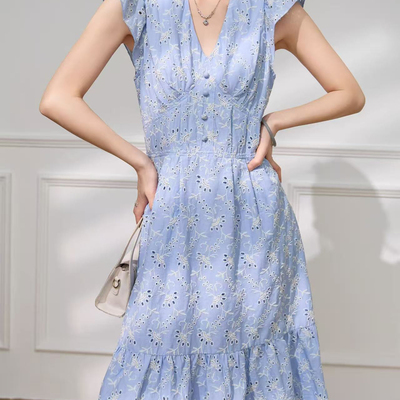 玥儿小众重工刺绣镂空棉麻清新小飞袖气质连衣裙连衣裙Y20143