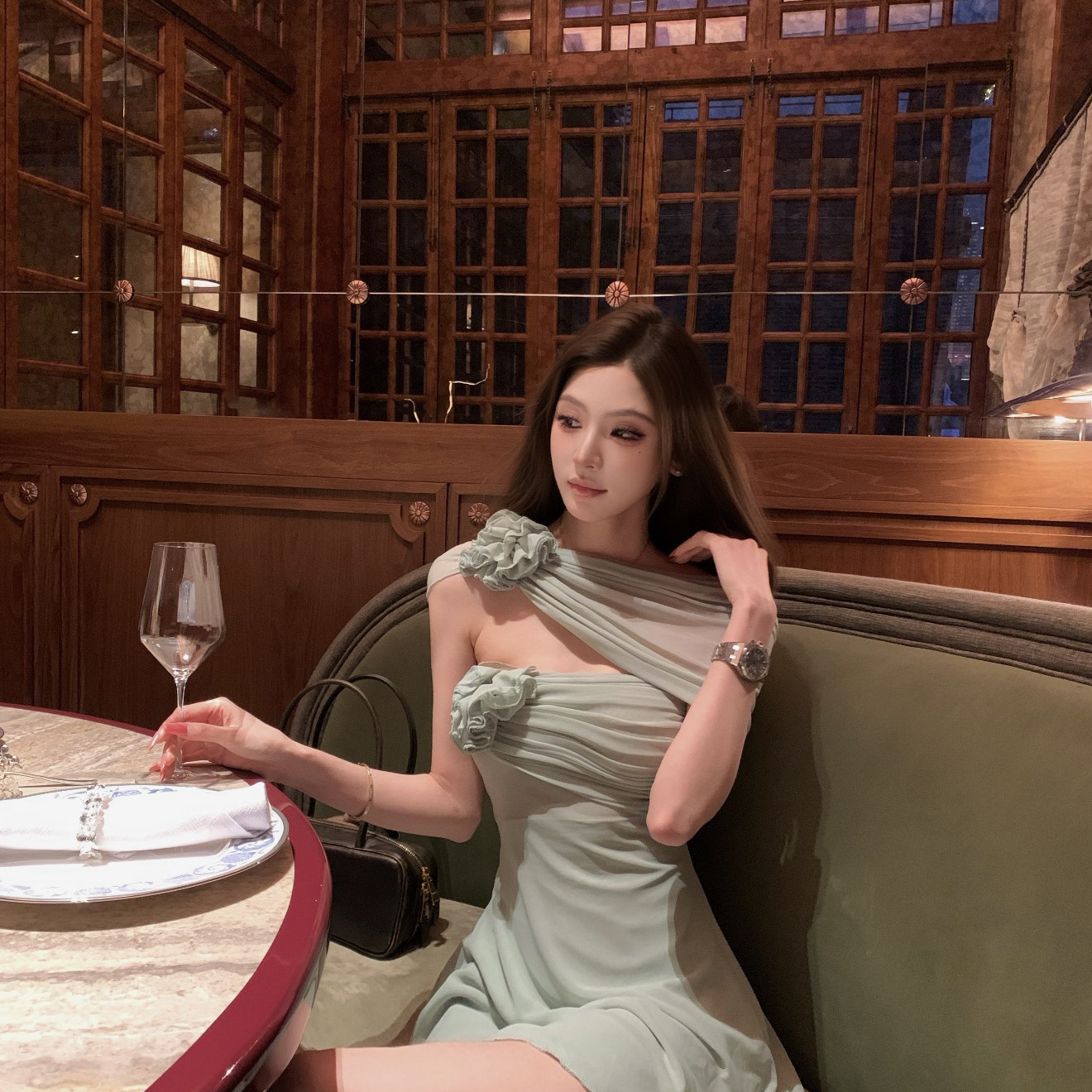 26夏上新kubiliv绿野仙踪立体抹胸多穿薄荷绿连衣裙(配花朵+挂脖