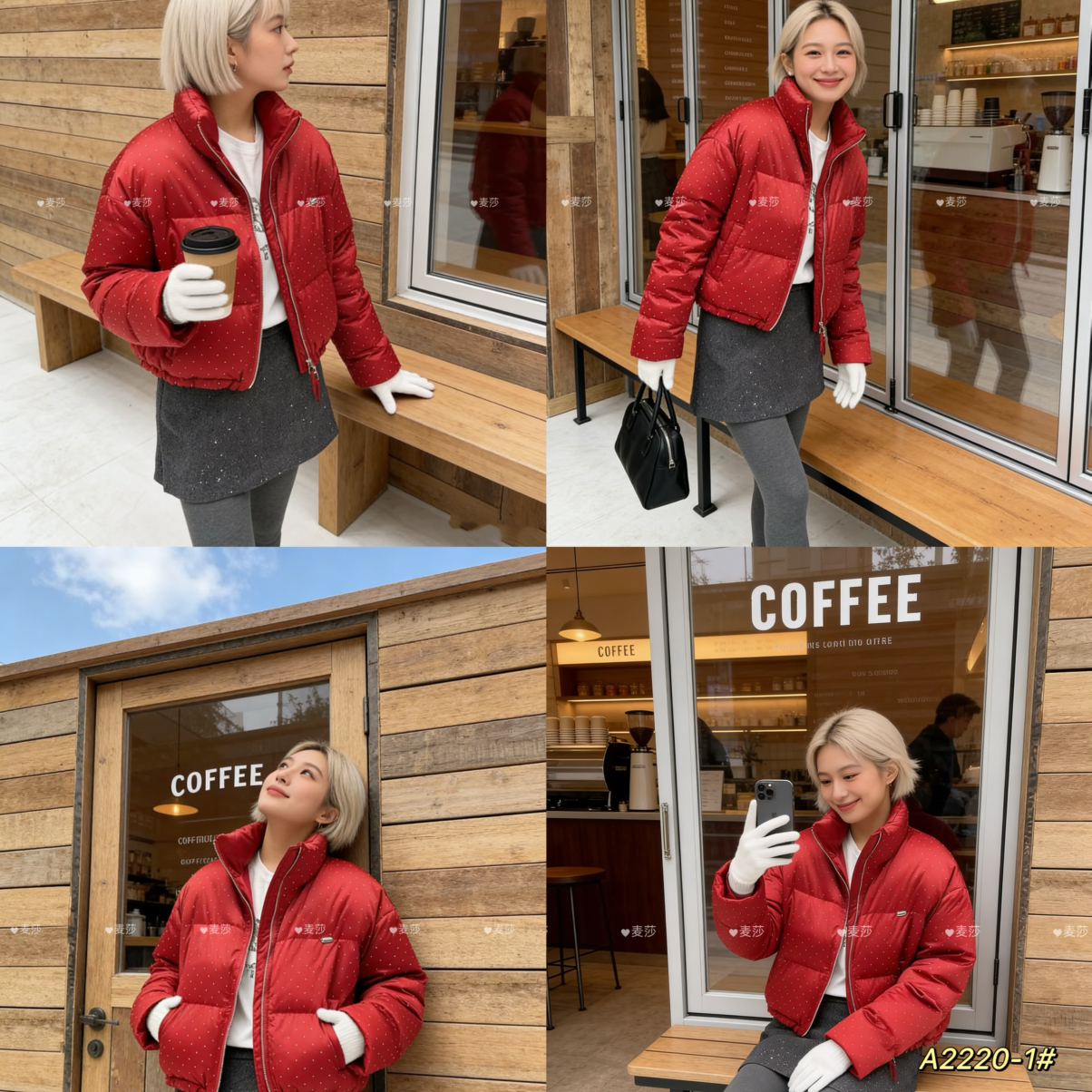 玥儿圣诞款新年款烫钻百搭立领拉链保暖羽绒服外套A2220-1