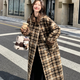 玥儿拼接两面穿女冬新款 韩系宽松过膝大衣环保皮毛一体大衣7891