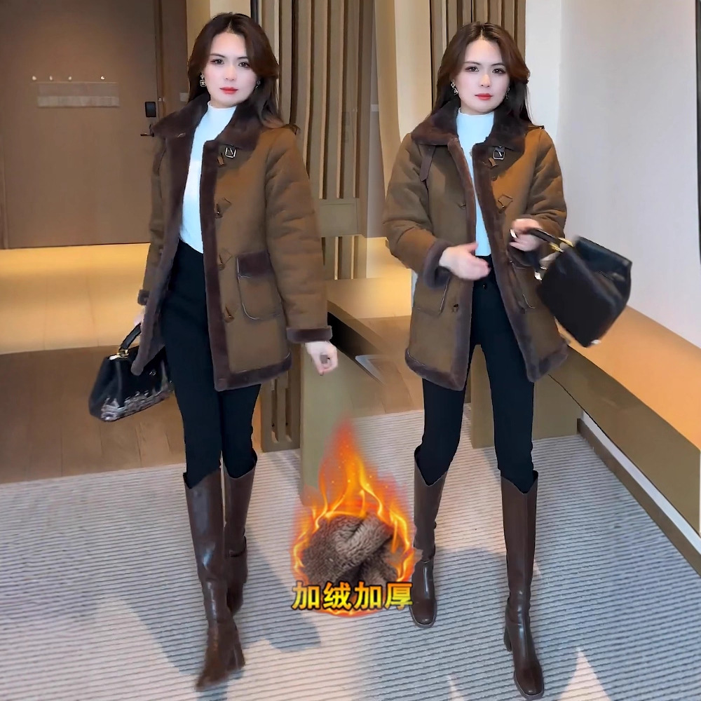 时尚加绒加厚麂皮绒外套女冬季新款洋气中长款保暖皮毛一体大衣潮