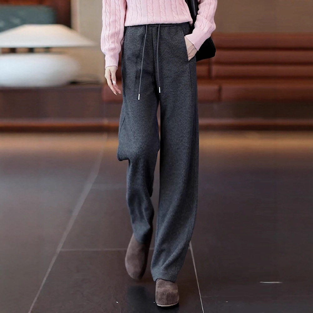 灰色羊绒弯刀裤女秋冬季加厚2025年新款宽松垂感休闲直筒阔腿裤子