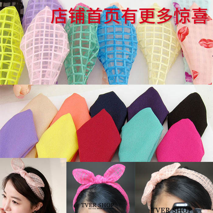 夏季 日韩风冰淇淋色格网纱兔耳朵发箍 发饰材料 diy手工布艺发饰