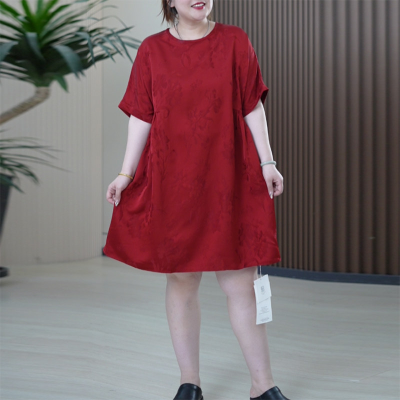 重磅提花缎奢华连衣裙织花云纱质感人丝提花大码夏季柔软中长裙