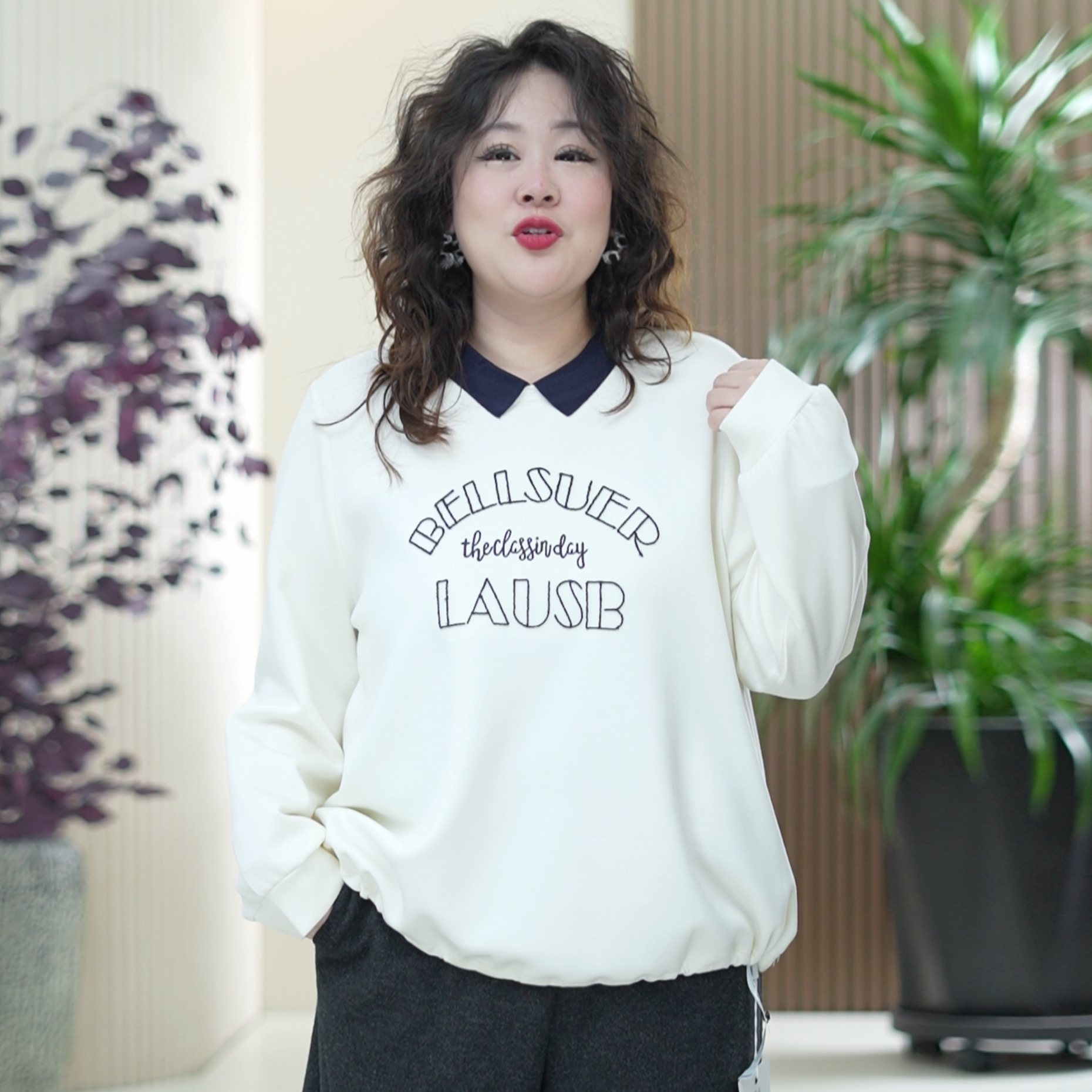 娃娃领撞色字母卫衣丝光米妮奥代尔中空刺绣大码美式春秋季上衣女