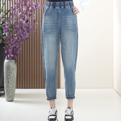 水洗软牛仔老爹裤刺绣全松紧腰加大码高弹力百搭春季新款牛仔裤女