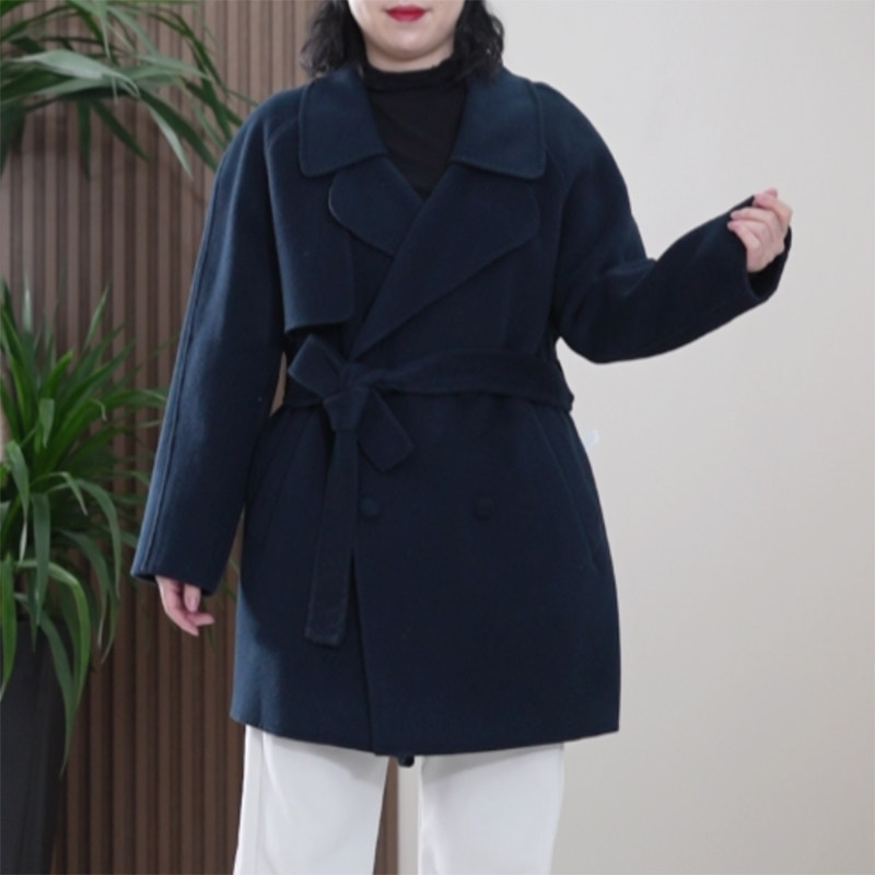 100%高支澳洲羊毛大衣女大码气质双面呢收腰西装领春季毛呢外套