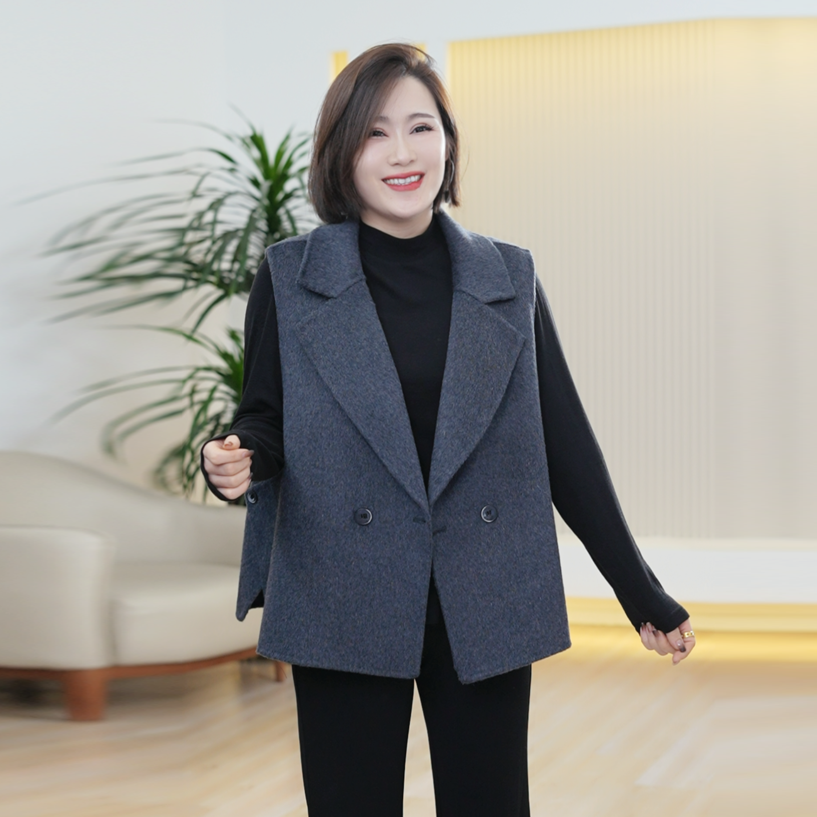 绵羊毛双面呢马甲女大码显瘦气质保暖两粒扣秋季背心毛呢外套外搭