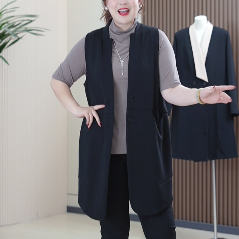 西装领马甲两粒扣燕尾莱卡棉百搭大码显瘦中长款洋气无袖外套女潮