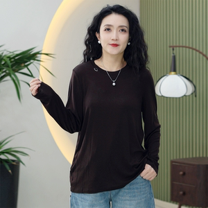 天丝羊毛笑脸软软T刺绣大码轻薄裸肤无压感高弹力T恤春季打底衫女