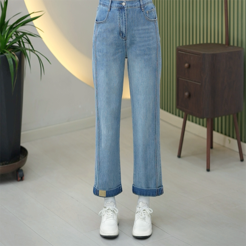 夏季薄款挽边九分牛仔裤窄版修瘦大码弹力柔软百搭微喇直筒裤女潮
