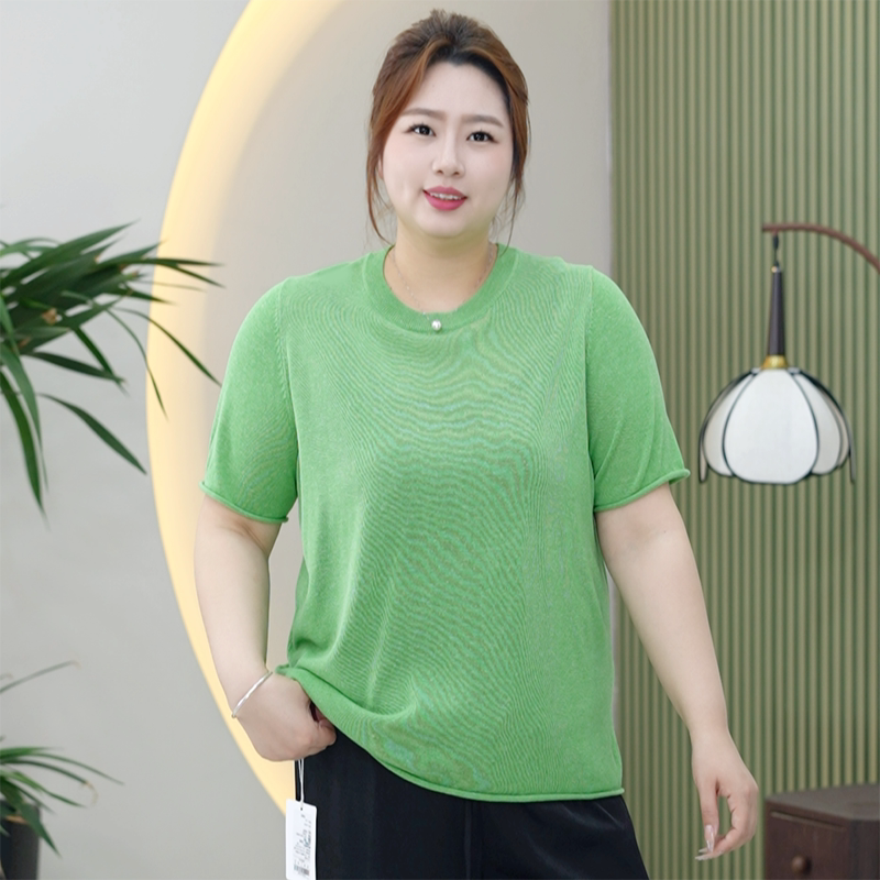 天丝亚麻春夏季针织衫大码软垂弹透气显瘦卷边宽松短袖T恤上衣女