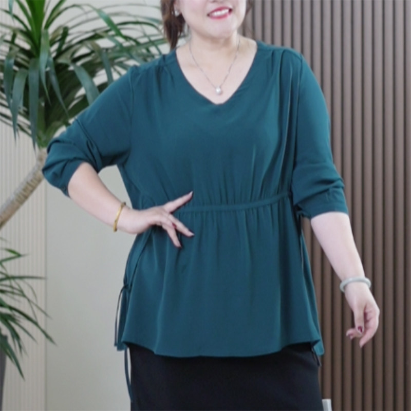 醋酸收腰T恤女大码百搭显瘦V领优雅知性简约时尚夏季捏褶遮肚上衣