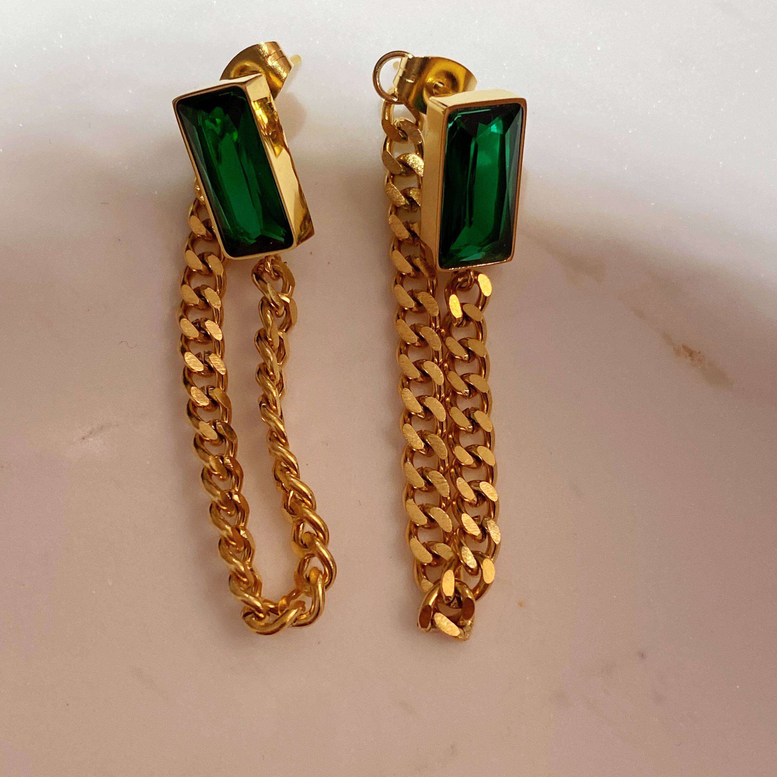 狂飙陈书婷同款复古时髦方形祖母绿镶钻后挂式链条耳环长款耳钉女