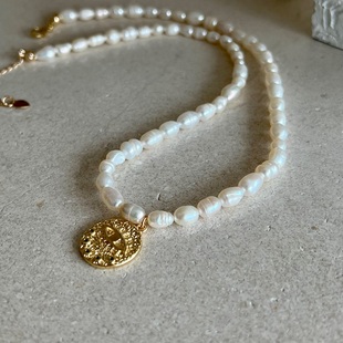 LJW 天然珍珠金币项链小众叠戴恶魔之眼颈链锁骨链吊坠 白百何同款