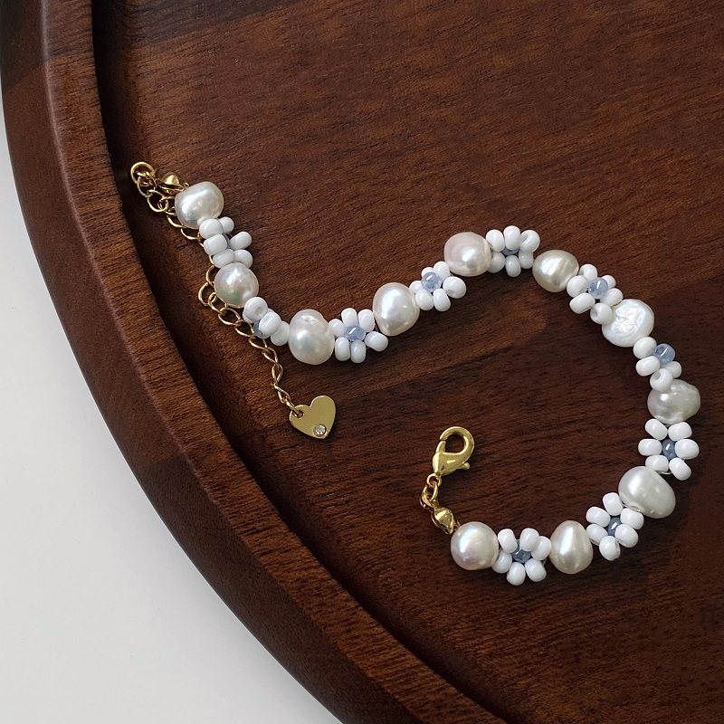 LJW 森系仙女琉璃白色串珠花朵天然珍珠手链ins小清新设计感手环