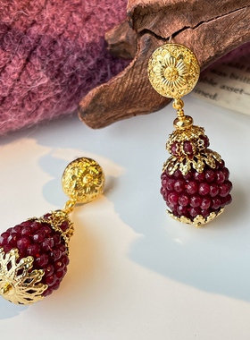 LJW 新中式天然石榴石红色串珠灯笼耳坠耳环重工高级感独特耳钉女