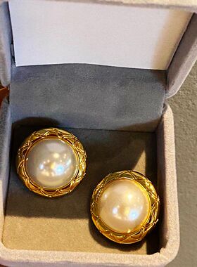 大珍珠复古时髦小姐姐风格镀金菱格耳钉耳环耳饰夸张欧美圆圈耳夹