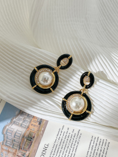 LJW 复古vintage小香风黑色耳环高级感珐琅工艺优雅珍珠耳饰 法式