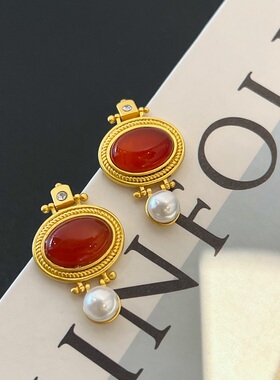 LJW 法式复古天然红色琥珀珍珠耳环vintage高级感气质港风耳钉女