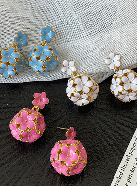 LJW 法式浪漫珐琅白色粉色蓝色绣球花朵耳钉高级小众设计轻奢耳环