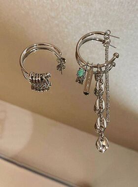 欧美小众设计夏季薄荷绿水钻耳环耳圈法式湖水绿猪鼻拼接耳钉