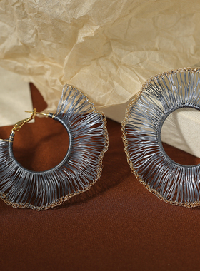 LJW 小众设计波纹蓝色金属铜丝编织复杂手作细腻钩织文艺耳圈耳钉