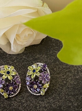 LJW 镶钻紫色花园耳饰油画风花朵蝴蝶结耳环高级感轻奢耳钉镀18K