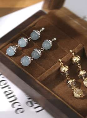 LJW 董洁同款天然海蓝宝镶嵌新中式优雅耳坠高级度假风清冷耳环女