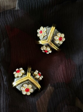 LJW 法式复古油画感三朵小花满钻圆形耳钉滴釉黑色系宫廷赫本耳环