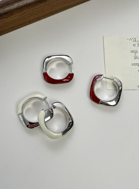 LJW 小众设计金属白色红棕色珐琅拼接银色简约耳环极简风高级百搭