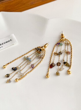 LJW 天然石个性流苏耳环气质名媛长款彩色石头耳饰法式复古少女潮