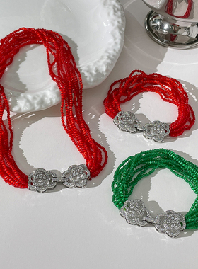 LJW 人造猫眼石绿珠红珠手链项链多层vintage多种戴法复古饰品女