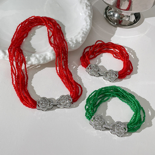 LJW 人造猫眼石绿珠红珠手链项链多层vintage多种戴法复古饰品女