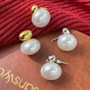 LJW 小众设计馒头珍珠小胖墩金球银球耳钉耳环高级感百搭椭圆耳饰