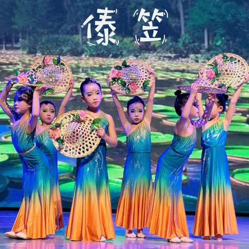 儿童傣族舞蹈服装女傣笠少数民族服装少儿群舞演出服孔雀舞鱼尾裙