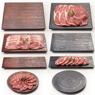 创意日式山野风烤肉密胺刺身板寿司料理板条纹板日料店展示托盘子