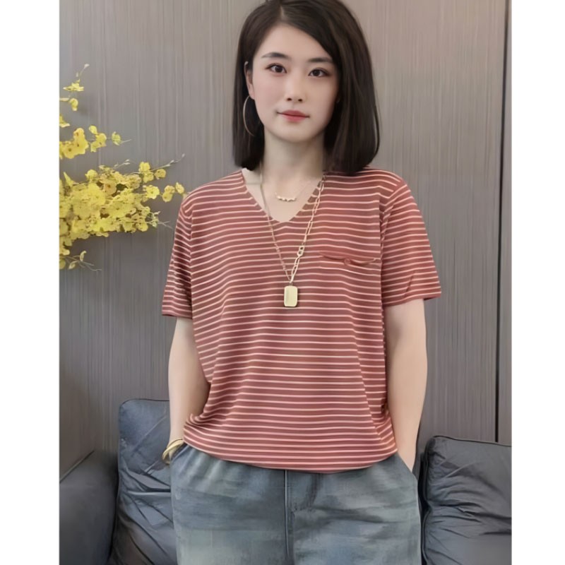 女款休闲V领薄款宽松条纹针织衫时尚韩版简约百搭短袖上衣1198