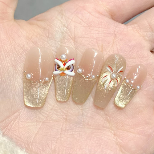 「烟花醒狮」纯手工穿戴甲新年高级猫眼气质新款可重复使用甲片