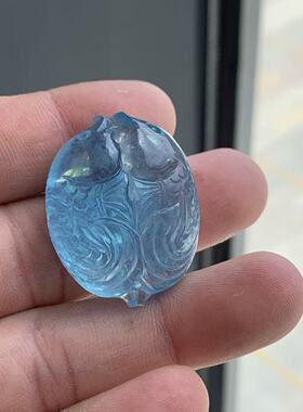 天然海蓝宝雕刻双鱼吊坠女款魔鬼蓝双鲤鱼吊坠海蓝宝石鱼项链时尚