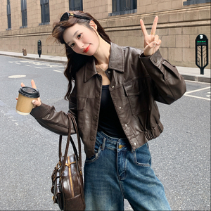 甜酷风翻领短款咖色皮衣外套女春秋2025新款小个子PU机车夹克上衣图片