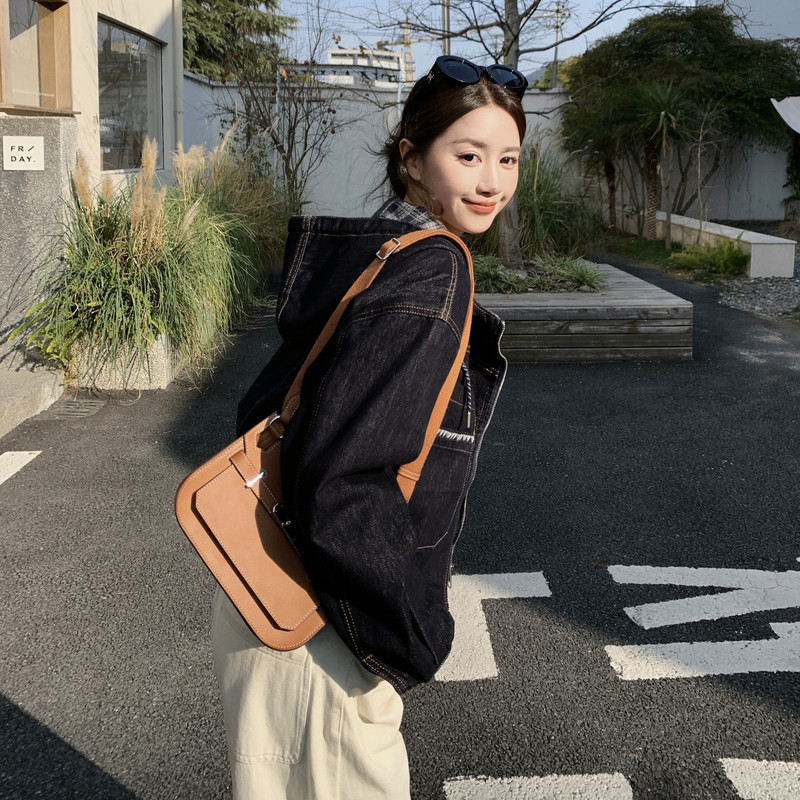 2026春新款格子拼接连帽牛仔外套2616-P150-K250,女装短外套,2C013