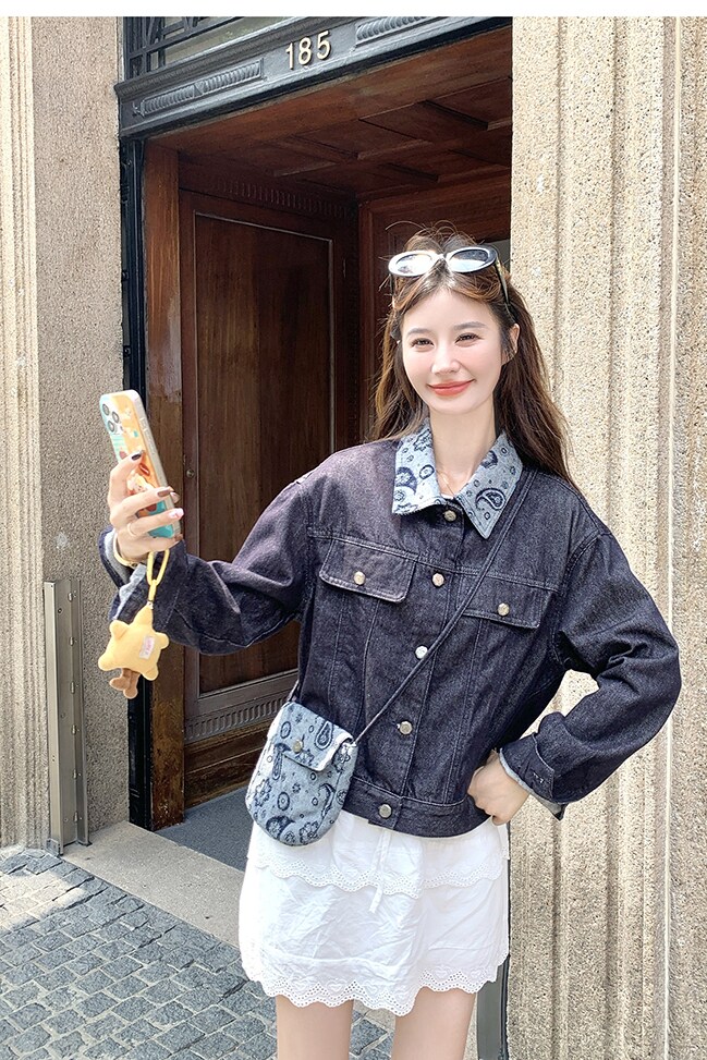 减龄复古碎花拼接翻领牛仔外套女春秋2025新款流行爆款超火高级感,女装套装/套裙,2C013