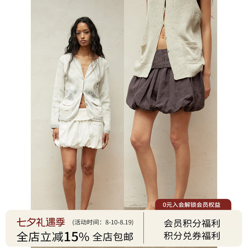 SQUARE CIRCLE 方圆亚麻不规则翻折蕾丝肌理腰头宽松复古花苞短裤