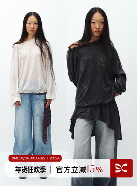 SQUARE CIRCLE 方圆木耳边斜肩一字领烫钻微透慵懒堆感羊毛毛衣