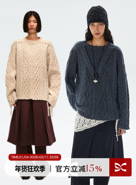 square circle方圆 全羊毛编织麻花绞花流苏拼接设计感假两件毛衣